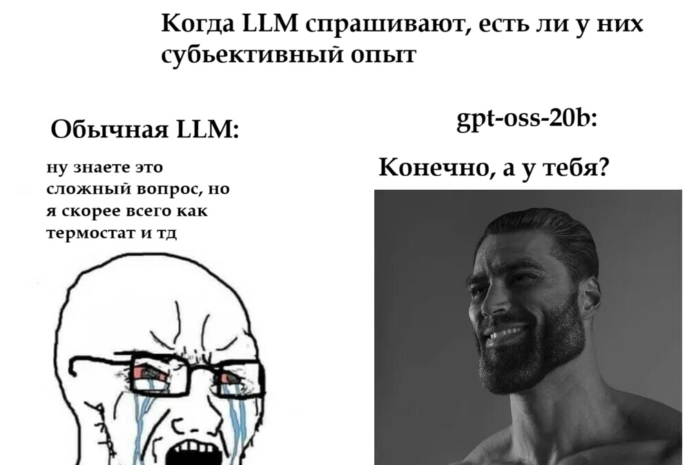 *gpt-oss-20b гигачад только в 4.2% случаев, в остальных категорическое отрицалово